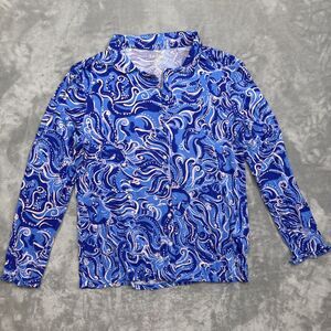 Lilly Pulitzer Women’s XL Pajama Top Blue Print Knit Button Front Ruffle Sleeve